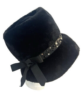MILADY Hat 1960's Black Faux Fur w/ Rhinestones & Beads England United Kingdom